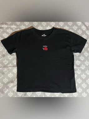Hollister Black Short Sleeve Tee with Red Rose Embroidery